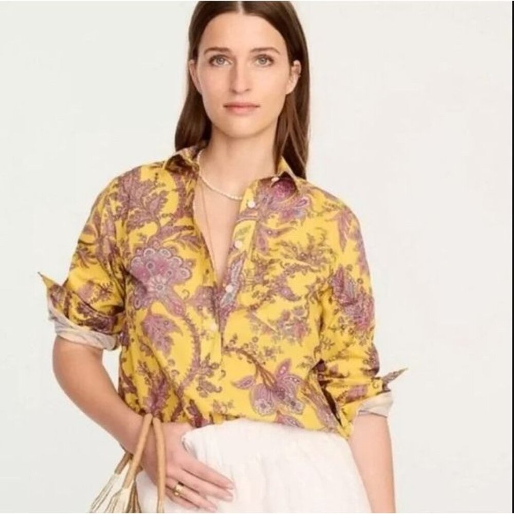 NEW J Crew‎ Collection Womens 6 Yellow Paisley Popover Shirt Long Sleeve Blouse